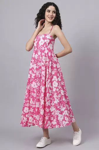 Divena pink floral shoulder straps cotton dress