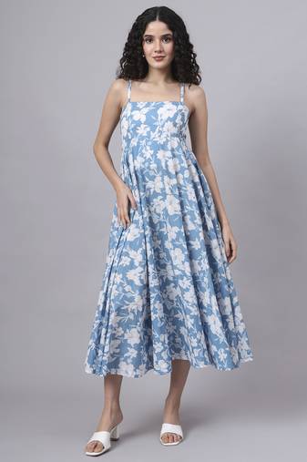 Divena blue floral shoulder straps cotton dress
