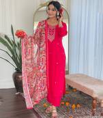 Rani pink rayon heavy thread embroidery work with printed dupatta kurta pant set