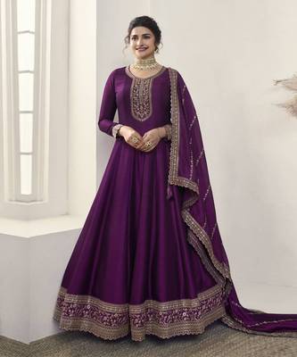 Purple embroidered silk georgette semi stitched anarkali suit 1