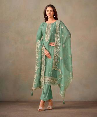 Green Embroidered Organza Salwar Suit 1
