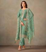 Green Embroidered Organza Semi-Salwar Suit