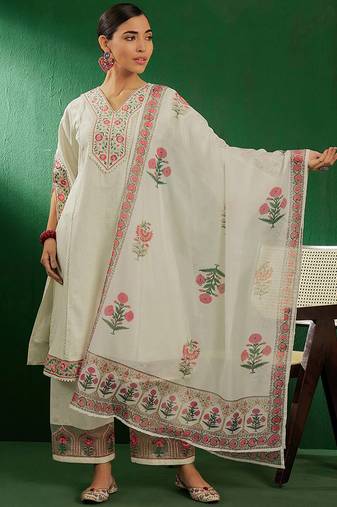 Cotton Embroidery Kurta Pant with Dupatta Salwar Suit Set