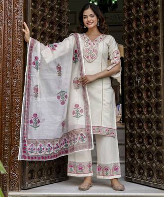 Cotton Embroidery Kurta Pant with Dupatta Salwar Suit Set 1