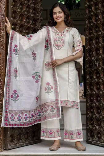Trendmalls Cotton Embroidery Kurta Pant with Dupatta Salwar Suit Set