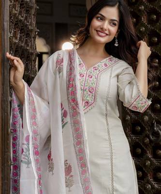 Cotton Embroidery Kurta Pant with Dupatta Salwar Suit Set 4