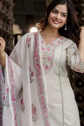 Trendmalls Trendmalls Cotton Embroidery Kurta Pant with Dupatta Salwar Suit Set
