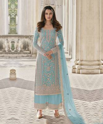 Blue Net Gold Embroidery Salwar Suit with Dupatta 1