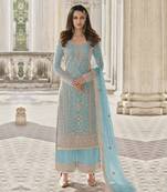 Blue Net Gold Embroidery Salwar Suit with Dupatta