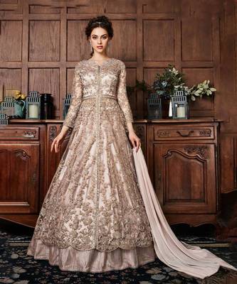 Rose Gold Net Thread Embroidered Anarkali Lehenga Suit 1