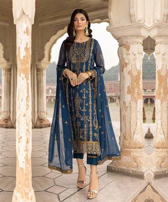 Blue floral embroidered with sequins georgette salwar suit 1
