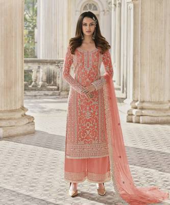 Peach embroidered net salwar 1