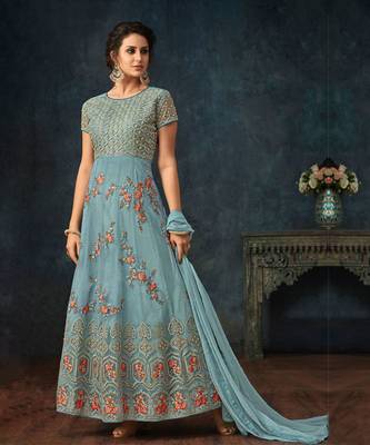 Sky Blue Net Thread Floral Embroidered Salwar Suit 1