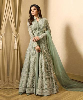 Green Net Thread Embroidered Salwar Suit - Semi-Stitched 1