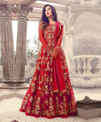 Red Embroidered Net Semi Stitched Anarkali Salwar With Dupatta 1