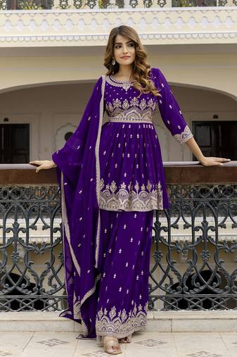 Georgette Embroidery Pleated Kurta Sharara with Dupatta Salwar Suit Set