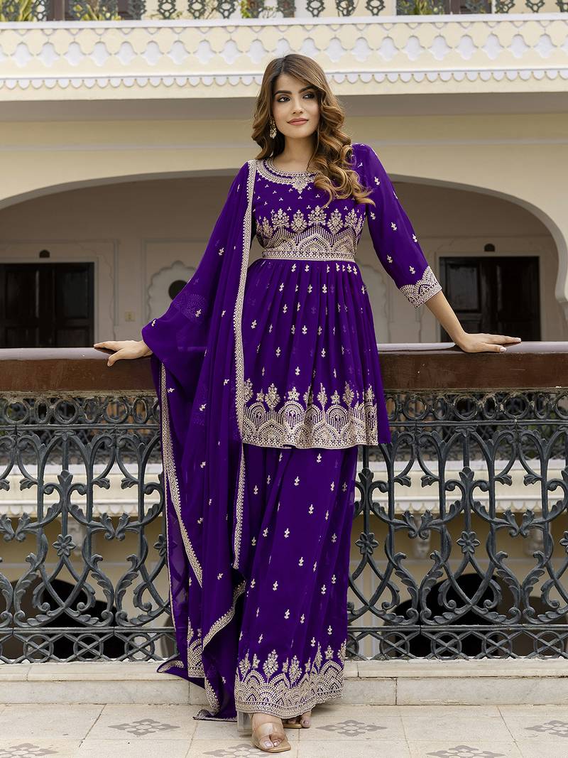 Georgette Embroidery Pleated Kurta Sharara with Dupatta Salwar Suit Set