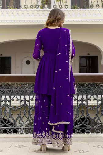 Trendmalls Georgette Embroidery Pleated Kurta Sharara with Dupatta Salwar Suit Set