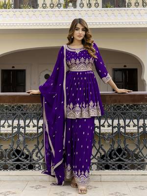 Trendmalls Georgette Embroidery Pleated Kurta Sharara with Dupatta Salwar Suit Set 5