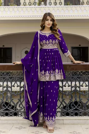 Trendmalls Georgette Embroidery Pleated Kurta Sharara with Dupatta Salwar Suit Set