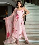 Peach viscose french crepe printed kurta pant set
