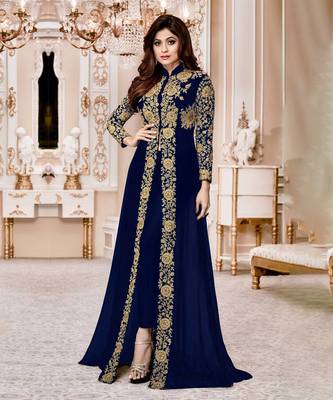 Blue Embroidered Jacket Style Faux Georgette Salwar Suit 1