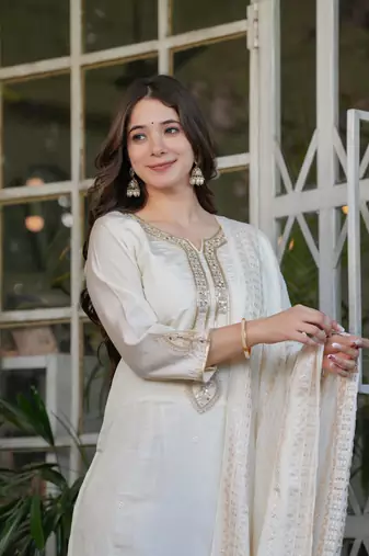 Beautiful Embroidered Viscose Chanderi Straight Kurta Pant and Dupatta Set