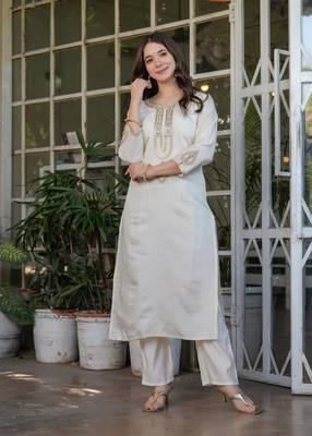 Beautiful Embroidered Viscose Chanderi Straight Kurta Pant and Dupatta Set 5