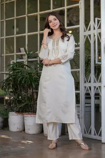 Beautiful Embroidered Viscose Chanderi Straight Kurta Pant and Dupatta Set