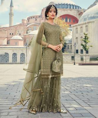 Green Embroidered Net Salwar Suit Set for Eid - Semi Stitched 1