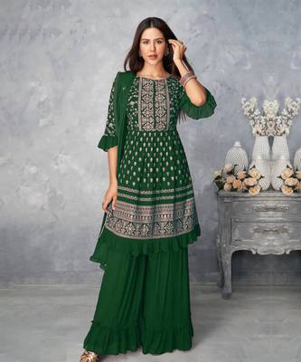 Women's Green Color Faux Georgette Embroidered Readymade Kurta Sharara and Dupatta Set (Full Stitched ) 1