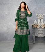Women's Green Color Faux Georgette Embroidered Readymade Kurta Sharara and Dupatta Set (Full Stitched )