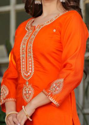 Beautiful Embroidered Viscose Chanderi Straight Kurta Pant and Dupatta Set 3