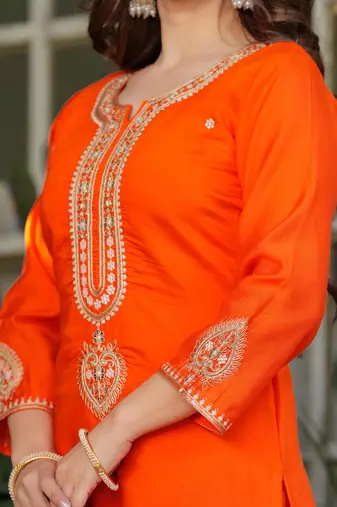 Beautiful Embroidered Viscose Chanderi Straight Kurta Pant and Dupatta Set