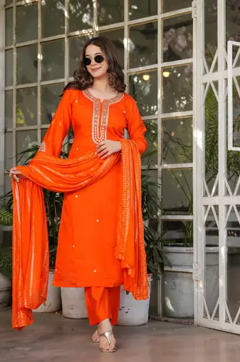 Beautiful Embroidered Viscose Chanderi Straight Kurta Pant and Dupatta Set