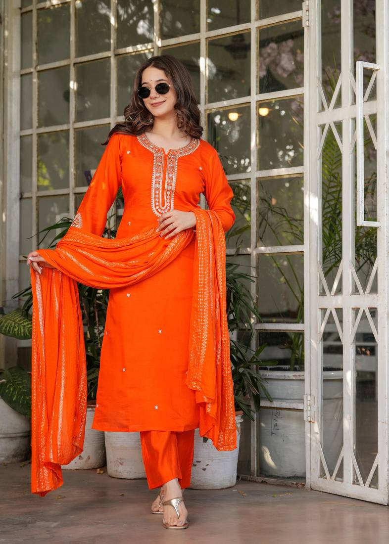 Beautiful Embroidered Viscose Chanderi Fabric Straight Kurta, Pant and Dupatta Set
