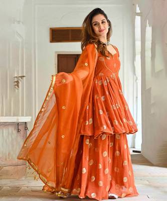 Orange Rayon Sharara Suit Set with Dupatta - Stitched 1