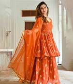 Orange Rayon Sharara Suit Set with Dupatta - Stitched