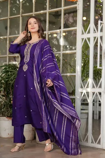 Beautiful Embroidered Viscose Chanderi Straight Kurta Pant and Dupatta Set