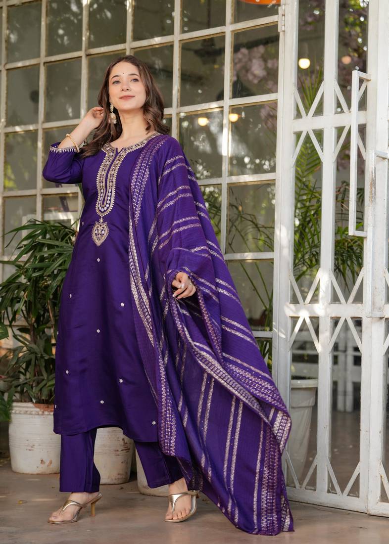 Beautiful Embroidered Viscose Chanderi Fabric Straight Kurta, Pant and Dupatta Set