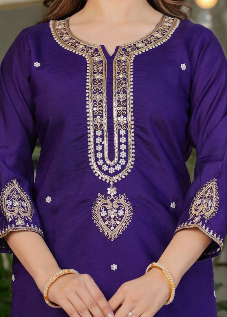 Beautiful Embroidered Viscose Chanderi Fabric Straight Kurta, Pant and Dupatta Set