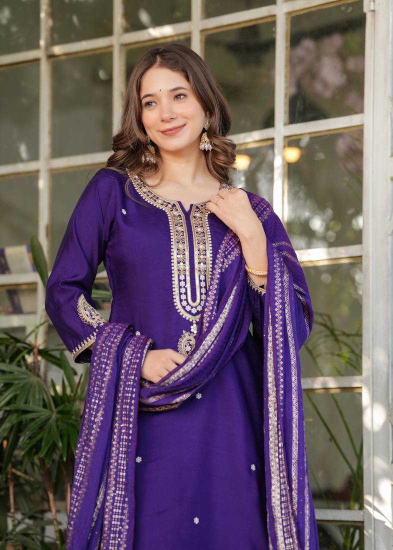 Beautiful Embroidered Viscose Chanderi Fabric Straight Kurta, Pant and Dupatta Set