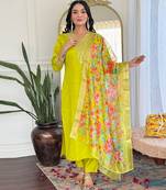 Lemon viscose chanderi heavy thread embroidery sequins work with printed dupatta kurta pant set
