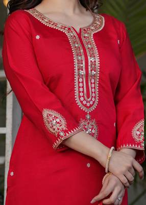 Beautiful Embroidered Viscose Chanderi Straight Kurta Pant and Dupatta Set 3