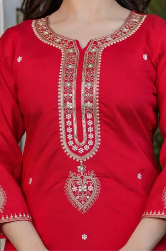 Beautiful Embroidered Viscose Chanderi Straight Kurta Pant and Dupatta Set