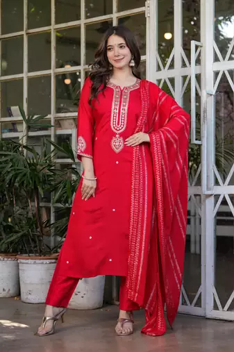 Beautiful Embroidered Viscose Chanderi Straight Kurta Pant and Dupatta Set