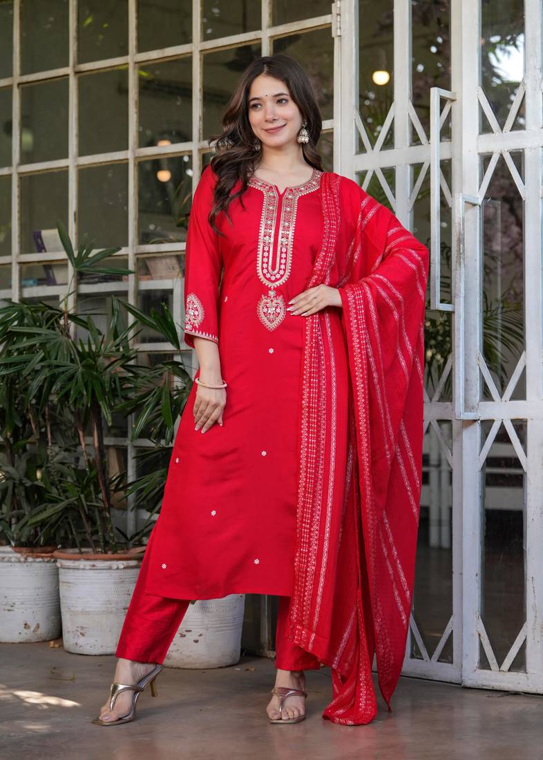 Beautiful Embroidered Viscose Chanderi Fabric Straight Kurta, Pant and Dupatta Set