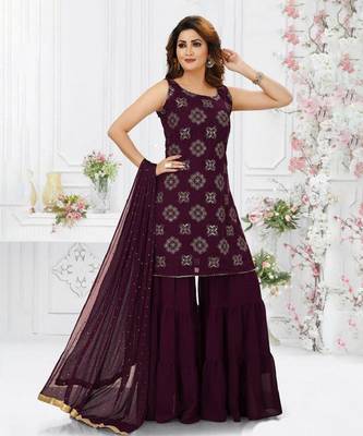 Wine Georgette Sharara Suit with Silver Floral Embroidery 1