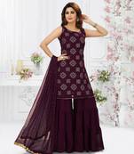 Wine Georgette Sharara Suit with Silver Floral Embroidery