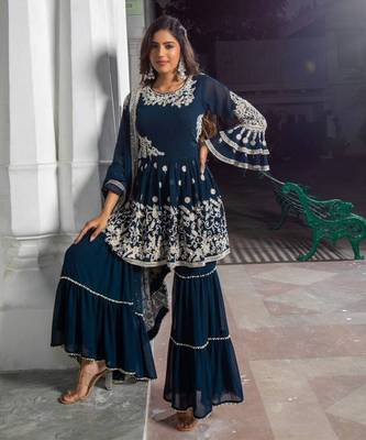 Navy Blue Faux Georgette Gharara Set with Golden Embroidery 1